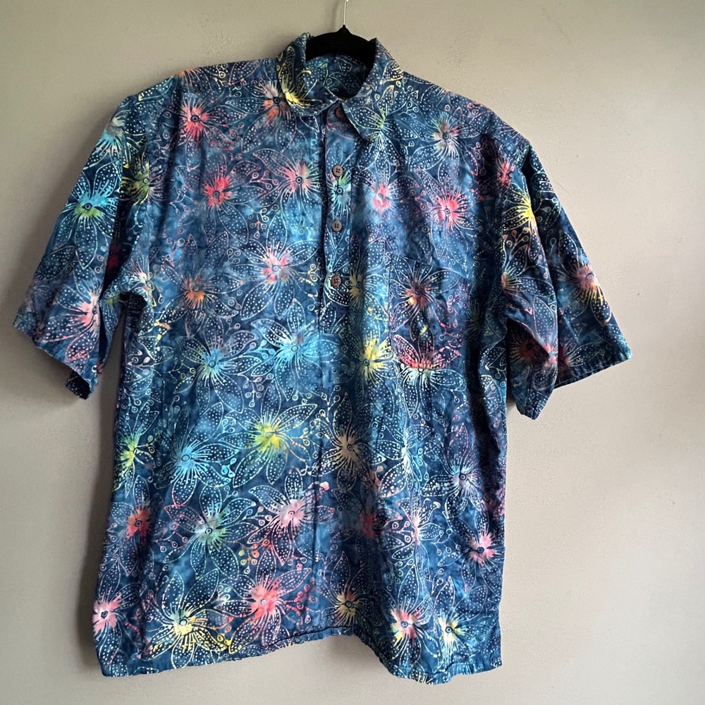 Pete Huntington Bali Mens Small Blue Batik Floral Cotton Short Sleeve Shirt